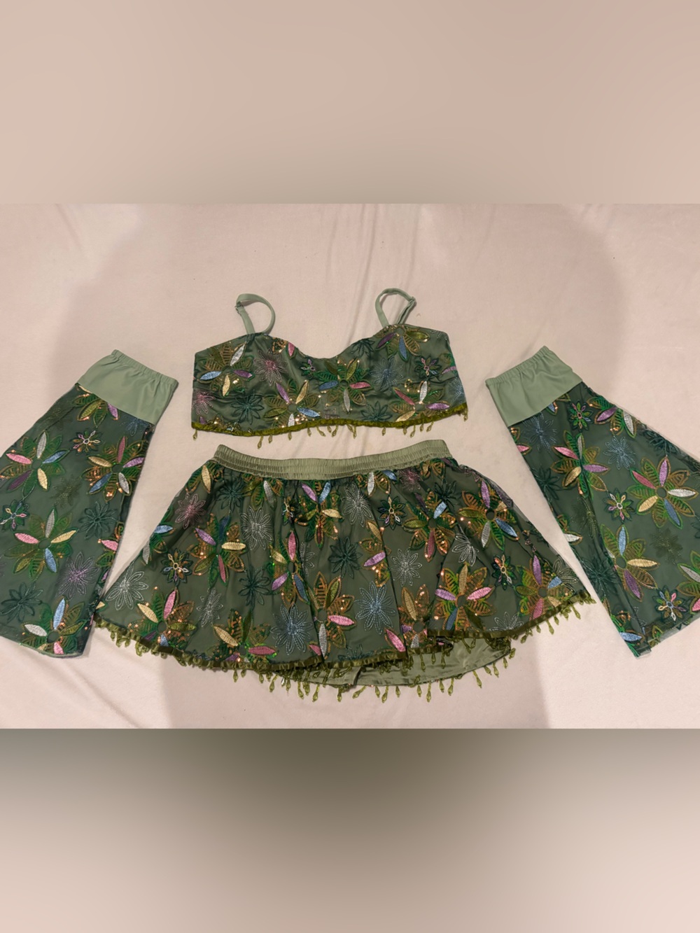 iHeartRaves NEVER WOR Olive Green Embroidered Floral Bandeau Set